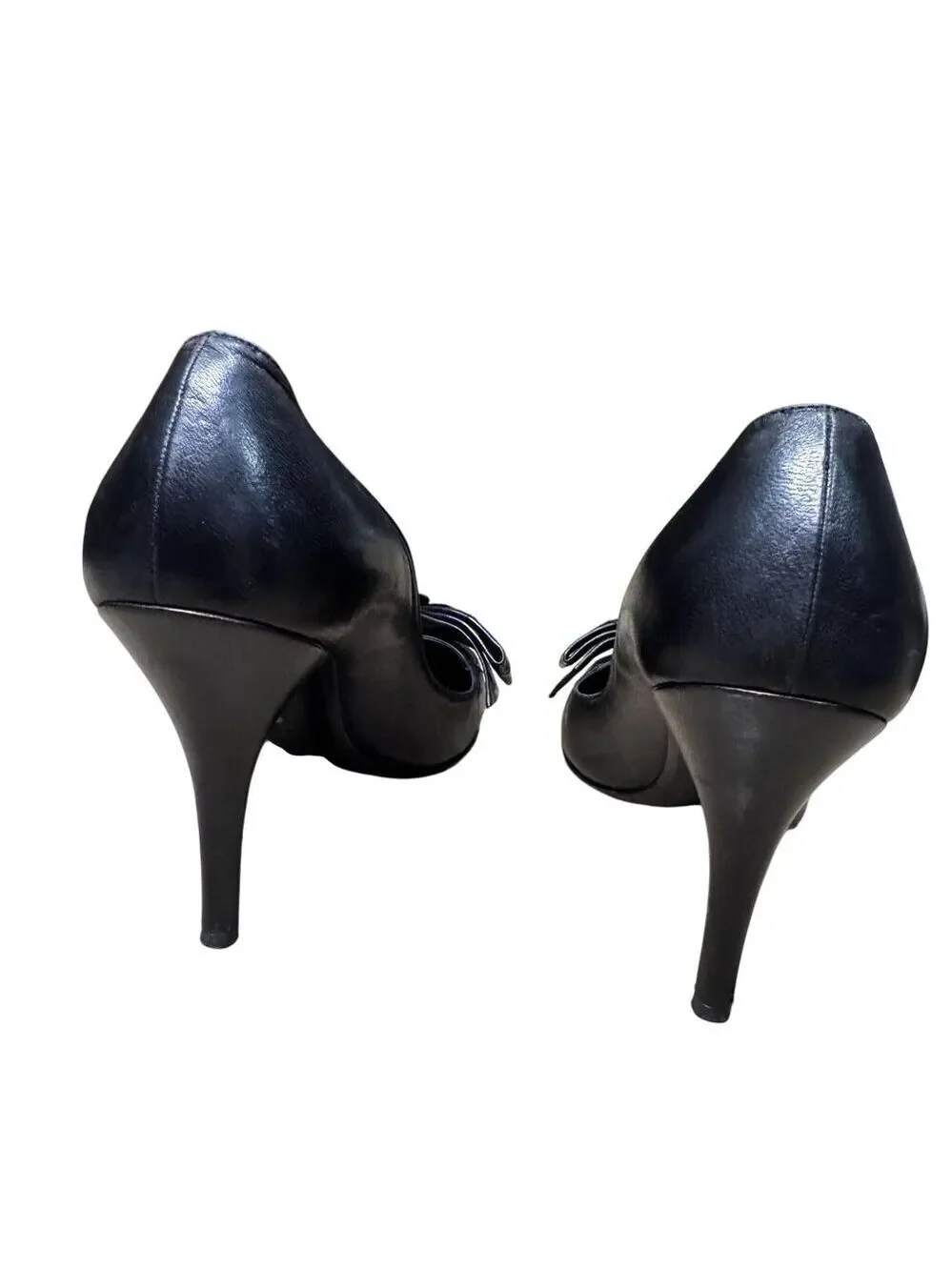 Chanel Vintage 2000s Leather Ribbed Toe Bow Pumps EU 38 Heel 3.75